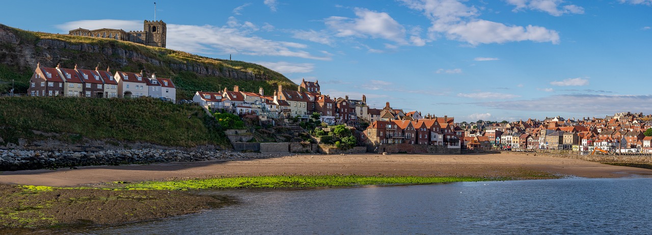 View across Whitby harbour towards the old town and St Mary's Church on the hill in Whitby, North Yorkshire